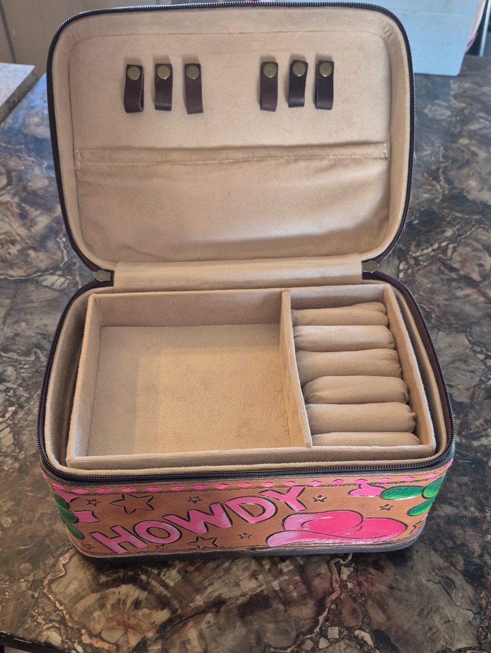 Travel Jewelry Organizer Case in Pink & Tan with 'Howdy' Print
